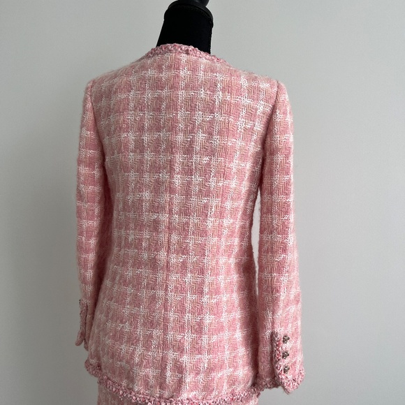 Chanel 2pc Pink Gold Button-Up Tweed Woven Trim Jacket Skirt Suit Set - Picture 5 of 11